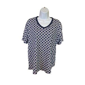 Kim Rogers Womens V-Neck Shirt XL Navy White Geometric Short Sleeve Grannycore